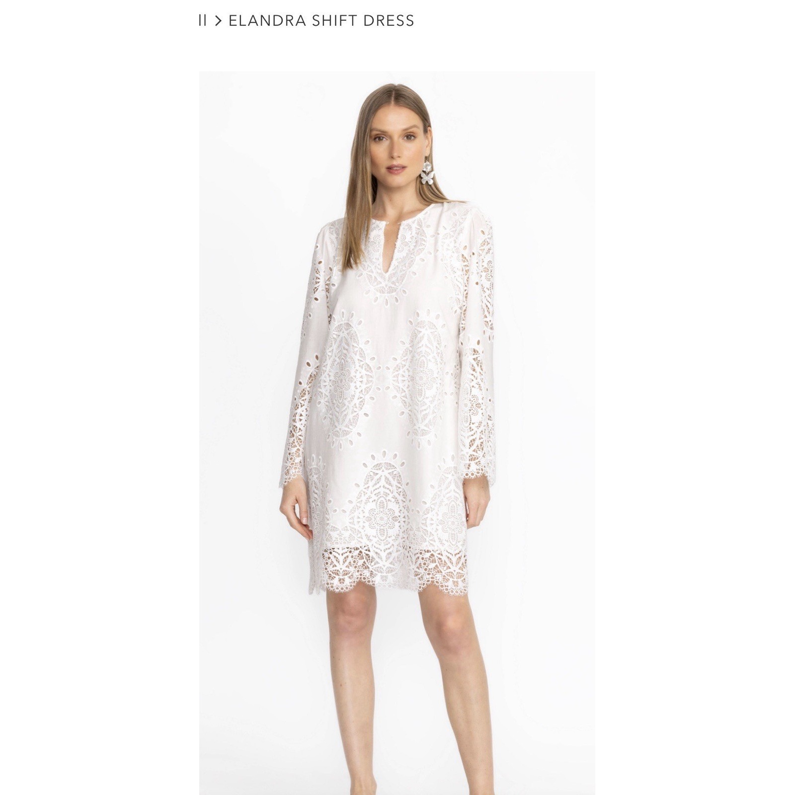 Johnny Was White Lace Long Sleeve Shift Dress With Scalloped Hem